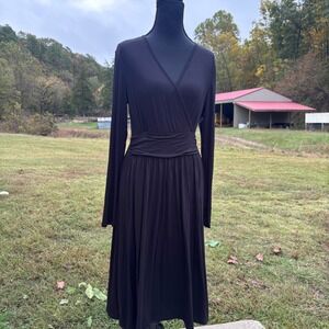 Grecelle chic Black faux wrap Midi Dress Long Sleeve flattering LBD small NWT